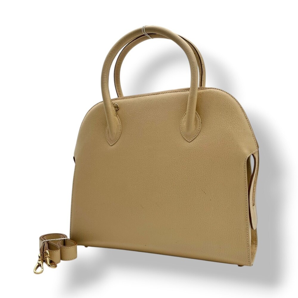 Salvatore Ferragamo Handbag, Bowling Bag, Shoulder Leather, Beige, Gold Hardw...